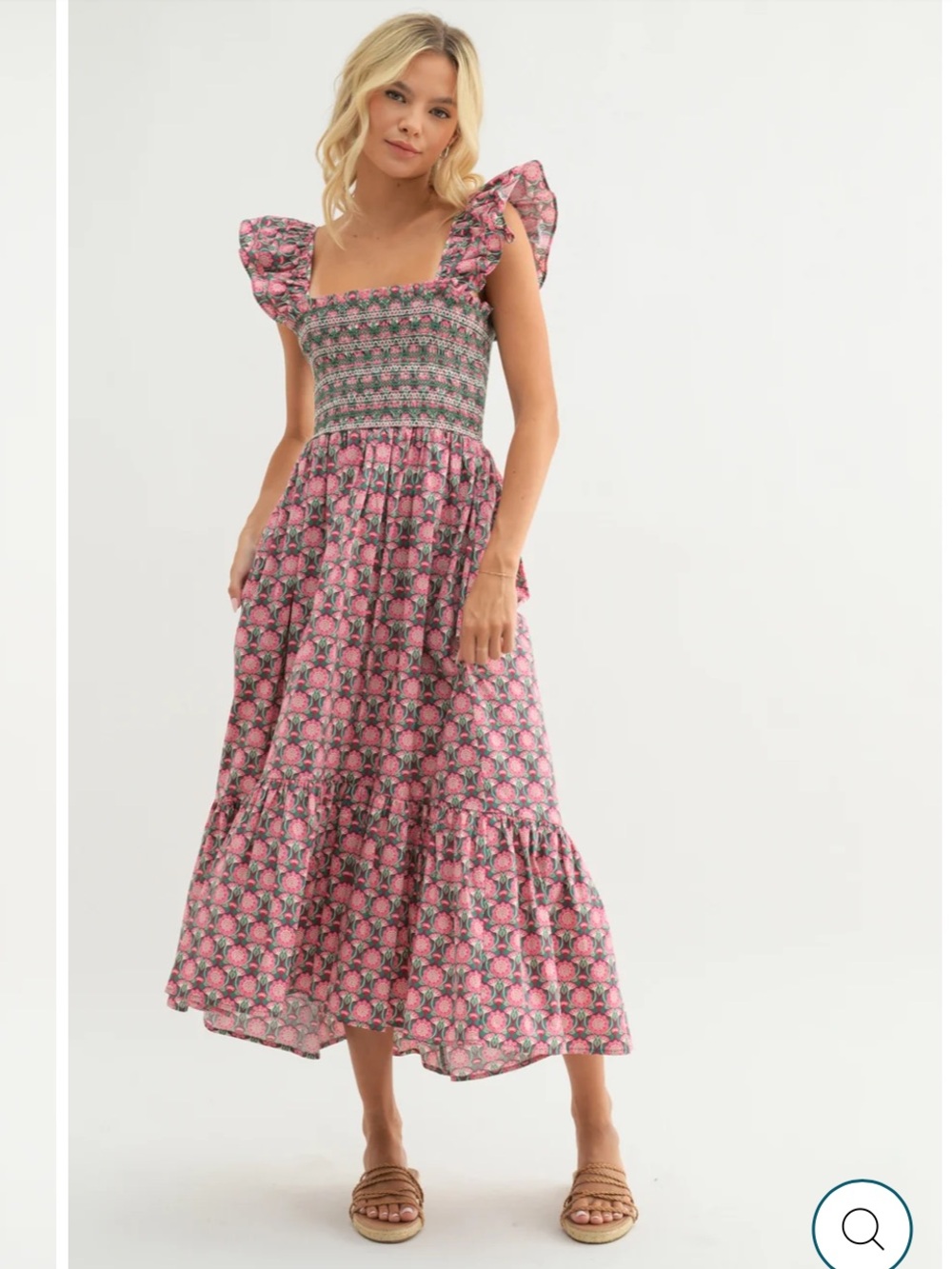 Tahari Pink Floral Smocked Midi Dress with Ruffle Straps